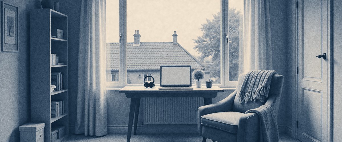 Pracovné miesto pri okne pripravené na online psychoterapeutické sedenie